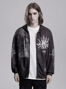 ROMWE MEN Goth Men's Printed Zipper Drawstring Casual Everyday Wear Hooded Sweatshirt - Multicolor - View 1