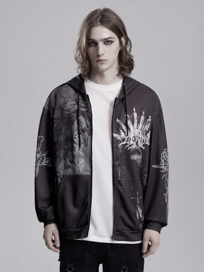 Goth Sudadera con capucha casual de uso diario con estampado, cremallera y cordón para hombres