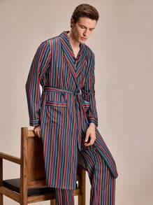 SHEIN EverLounge Bata de baño casual holgada con cuello de chal a rayas, manga larga y bolsillo para hombre