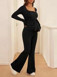 SHEIN Pregnant Women Spring & Autumn Solid Color Slim Fit Flared Jumpsuit