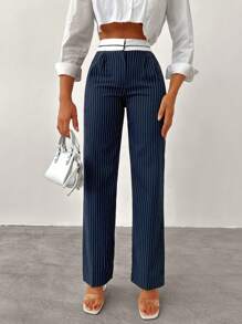 EURMUSE Striped Print Slant Pocket Straight Leg Suit Pants - Navy Blue - View 5