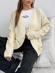 SHEIN Unity 女士 V 领纽扣长袖休闲精致优雅开衫 - 杏色 - 查看 4