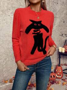 EMERY ROSE Halloween Women's Casual Loose Fit Cartoon Cat Pattern Long Sleeve Pullover Sweater, Autumn & Winter - Orange - View 4
