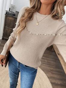 SHEIN LUNE 女士串珠长袖毛衣，适合派对和日常休闲装秋季毛衣米色毛衣，长袖上衣 - 杏色 - 查看 5