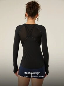 GLOWMODE Lightweight Quick-Dry Breathable Train Hard Mesh Panel Long Sleeve Tee Gym Workout Daily - Black - View 3