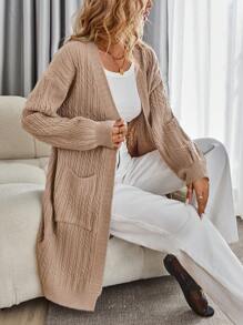 EMERY ROSE Loose Casual Cable Knit Cardigan, Knit Pullover Fall Winter - Khaki - View 4