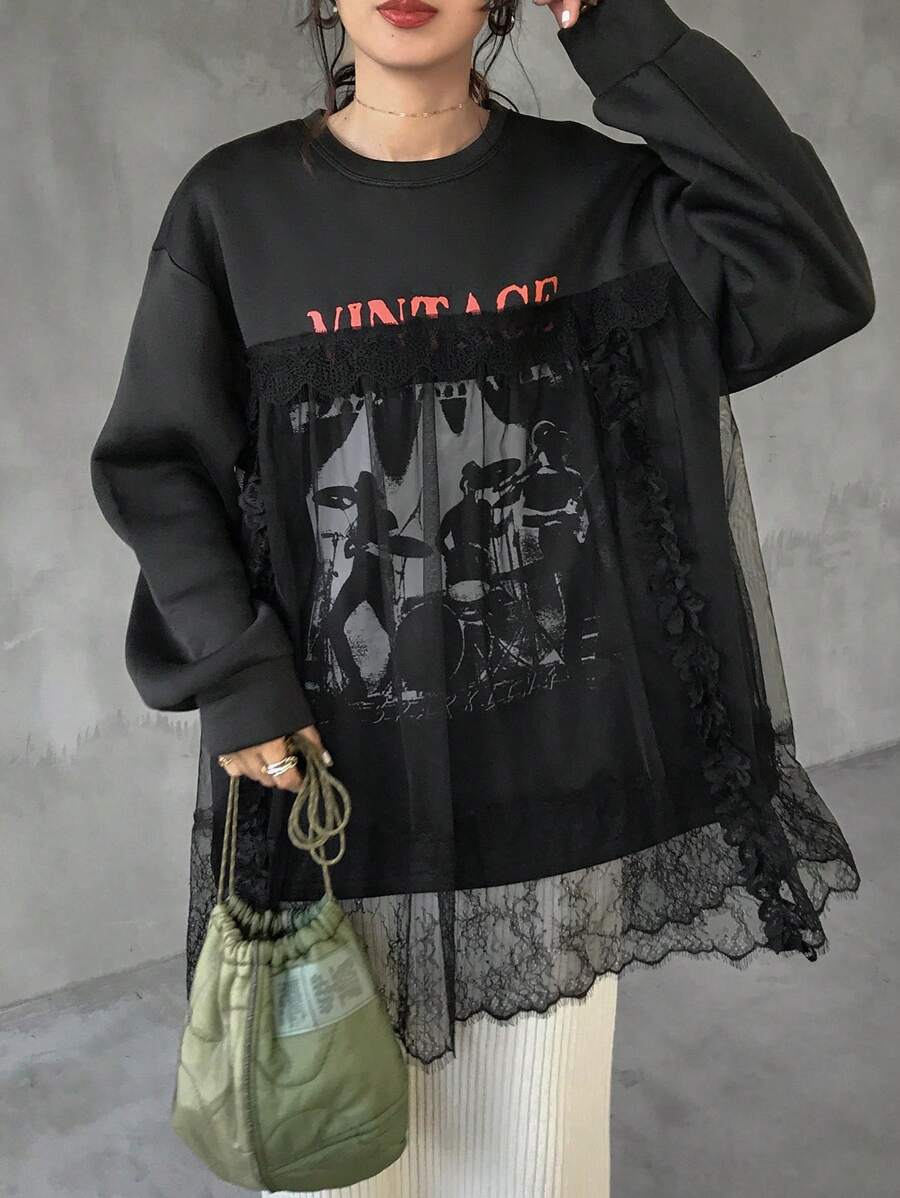FRIFUL Women's Crew Neck Long Sleeve Mesh Contrast Letter Print Loose Sweatshirt Sheer Fall,Winter - Black - View 1