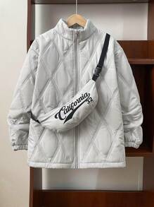 2pcs Tween Boy Quilted Padded Collar Jacket And Messenger Bag Set, Casual Style For Fall And Winter - Grey - View 1