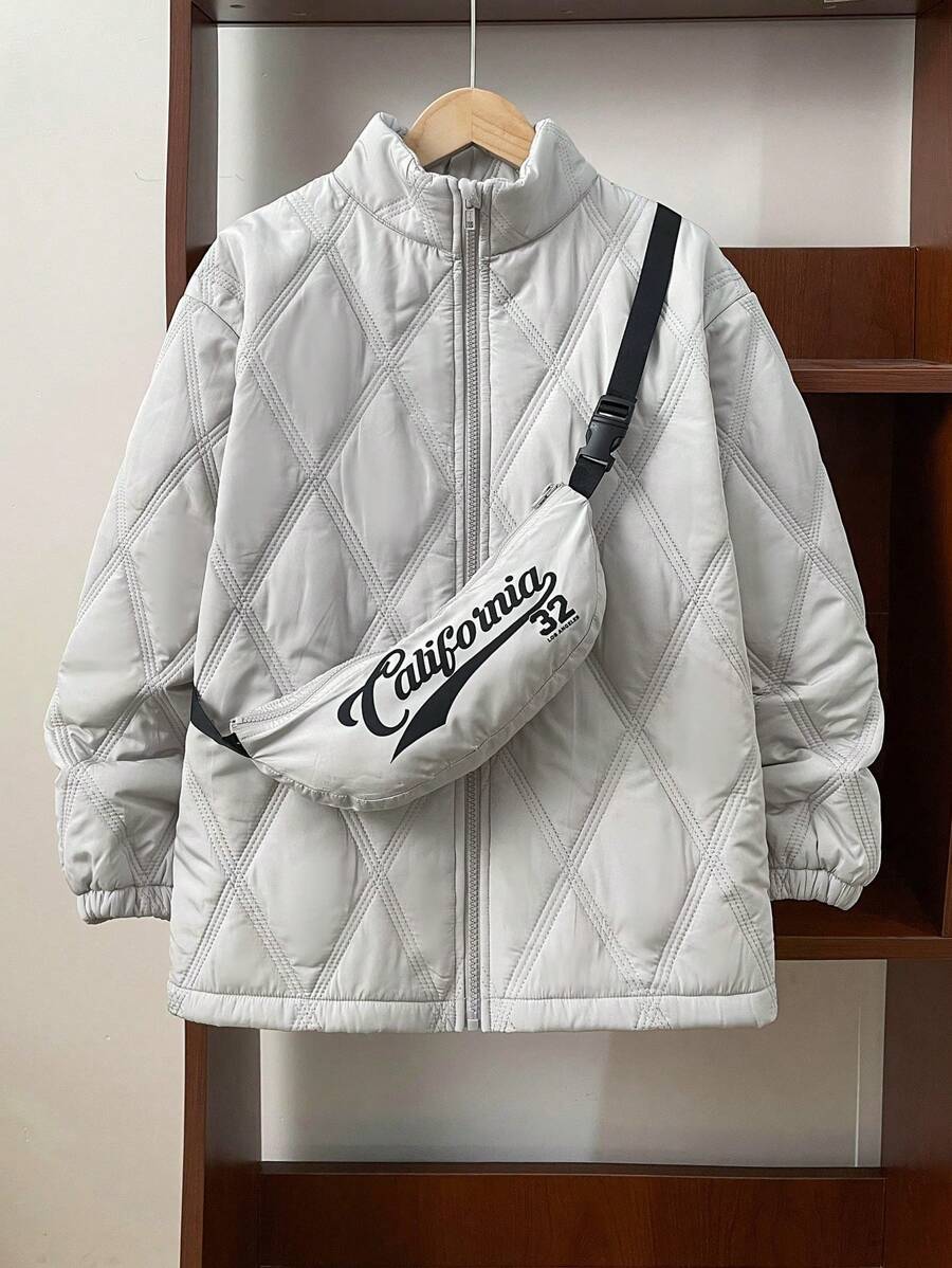 2pcs Tween Boy Quilted Padded Collar Jacket And Messenger Bag Set, Casual Style For Fall And Winter - Grey - View 1