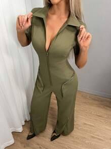 SHEIN SXY Bộ đồ liền thân thường ngày có túi dành cho nữ, dành cho mùa thu và đông - xanh quân đội - Xem 1