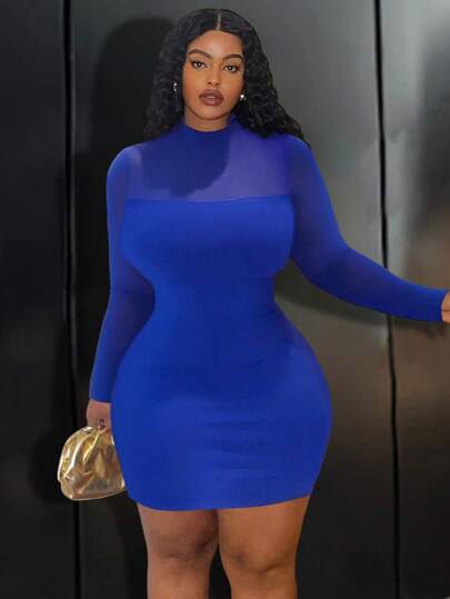 Slaydiva Plus Size Elegant Fitted Solid Blue Mock Neck Sheer Mesh Panel Long Sleeve Short Dress