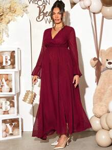 Loomaby Gender Reveal Dress Burgundy Maternity Spring/Autumn Elegant Solid Color Bell Sleeve Dress For Baby Shower Party - Burgundy - View 1