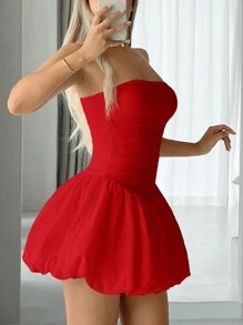 Sweetina 女士抹胸露背褶饰迷人别致纯色荷叶边迷你连衣裙