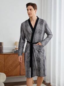 男士纯色拼接长袖抽绳长袍，休闲居家