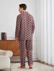 Men's Letter Print Long Sleeve Shirt And Pants Home Wear Set - Multicolor - View 2
