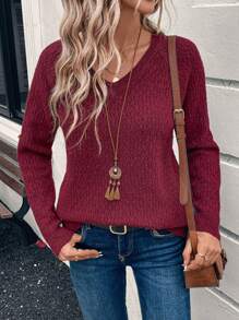 EMERY ROSE 女士纯色 V 领长袖简约毛衣、休闲装 - 酒紅色 - 查看 3
