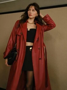 MOTF STUDIO PU LEATHER LAPEL COLLAR DOUBLE BREASTED PLACKET BELTED TRENCH COAT - Burgundy - View 7