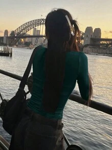 DAZY Women's Solid Color Button Half-Placket Long Sleeve Fitted T-Shirt, Spring & Summer,Fall Clothes Preppy Tops - Dark Green - View 2