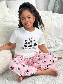 SHEIN 2 件 Tween Girls 可爱熊猫印花短袖上衣和长裤针织睡衣套装，阻燃 - 淺粉色 - 查看 4