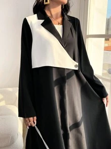 Al Najma Women's Color Block Lapel Neck Long Batwing Sleeve Long Loose Modest Maxi Arabian Robe Abaya, Elegant Style For Casual Daily/Work/Evening Parties/Wedding Guest - Black and White - View 8