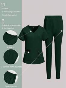 TaskEZ Conjunto de uniforme de scrubs de unicolor con top de manga corta y pantalones - Verde Oscuro - Ver 1