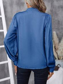SHEIN LUNE Women's Front Button Long Sleeve Solid Color Patchwork Minimalist Casual Shirt Fall Cloth For Women - Blue - View 2