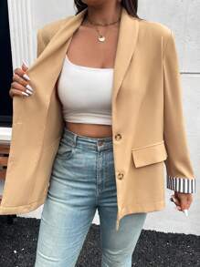 SHEIN Essnce Plus Size Casual Colorblock Striped Loose Blazer Fall/Winter - Khaki - View 4