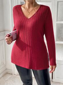SHEIN Essnce 大码女式秋季休闲宽松舒适 V 领长袖红色 T 恤、秋季女装、圣诞女上衣、可爱上衣、红色上衣 - 紅色 - 查看 3