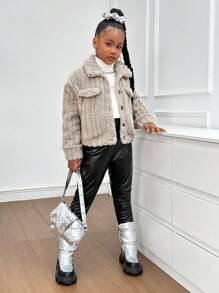 SHEIN 秋冬季 Tween Girl 双面纯色领口长袖夹克 - 駝色 - 查看 5