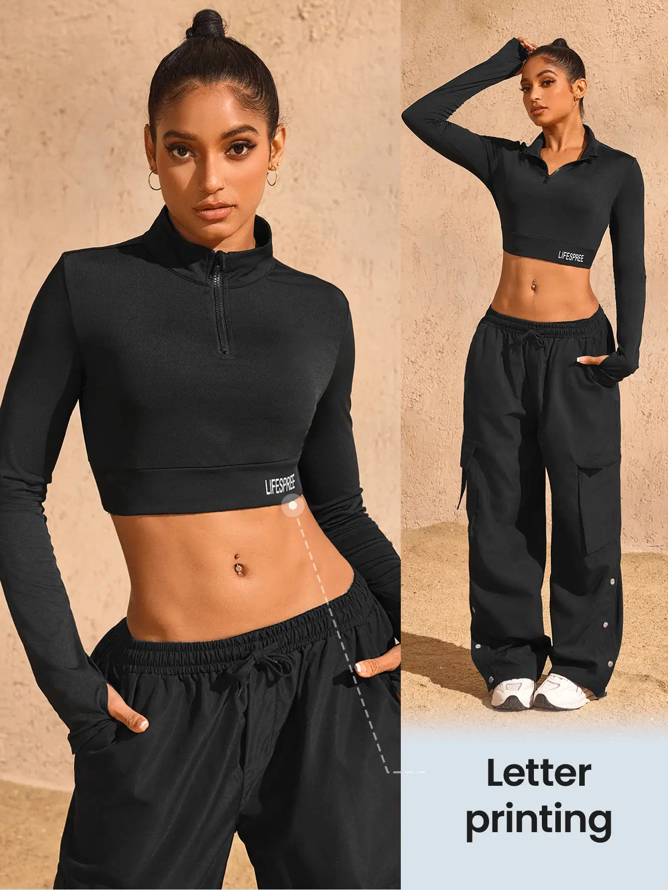SHEIN Dewbera Áo nỉ dài tay thường ngày tối giản in họa tiết cho nữ, áo crop top đen dài tay mùa thu - màu đen - Xem 3