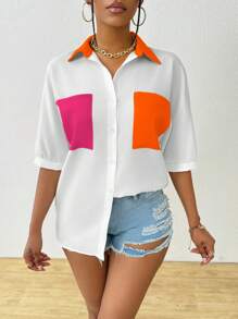 SHEIN LUNE Women's Summer Colorblock Pocket Short Sleeve Loose Casual Shirt,Short Sleeve Tops - Multicolor - View 3