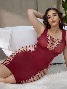 高弹力交叉性感睡袍加大码女士内衣 - 酒紅色 - 查看 4