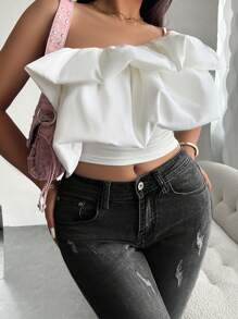 Chiquease Women Solid Color Asymmetrical Neck Ruffle Sleeveless Sexy Top - White - View 6