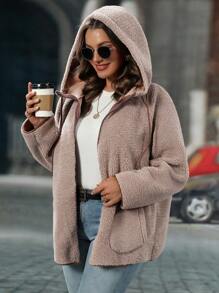 SHEIN LUNE Plus Size Women's Solid Color Long Sleeve Fleece Hooded Zip-Up Jacket, Fall/Winter - Brown - View 1