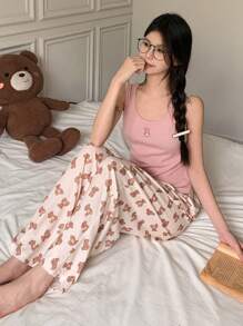 DAZY Bear Print Cami & Pants Pajama Set - Pink - View 4