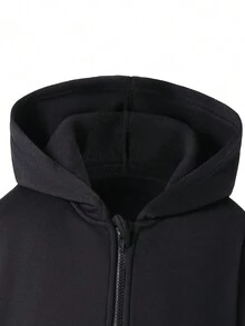 2pcs/Set Tween Girls All-Match Hooded Cropped Zip-Up Sweatshirt Set, Grey And Black - Multicolor - View 8