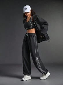 SHEIN 女士抽绳侧条纹休闲运动运动裤 - 黑色 - 查看 4