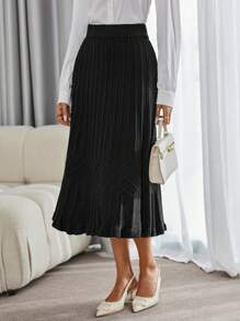 Aveloria French Style Fashion Solid Color Elegant Ladies' Long Sweater & A-Line Skirt Set, Teachers Outfit - Black - View 4