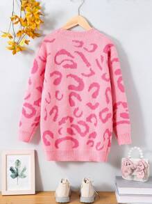 Tween Girls Fashionable Fuchsia Leopard Print Long Cardigan, Autumn/Winter