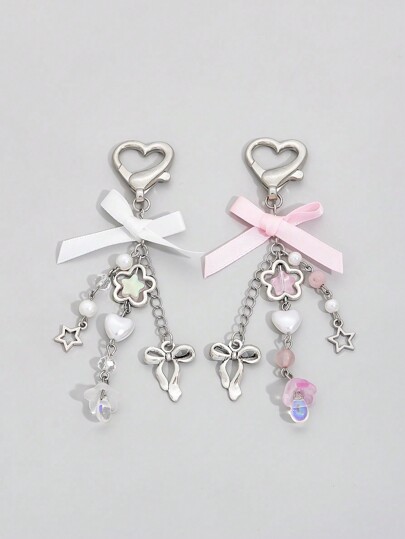 Kawaii 2 piezas Lindo llavero con borla en forma de estrella y lazo, adecuado para bolsos, teléfonos, regalo para amigos y parejas en San Valentín