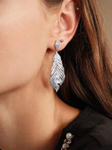 SHEIN Elegant Feather Design Rhinestone Decorated Silver-Tone Dangle Earrings - White - View 1