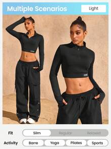 SHEIN Dewbera Áo nỉ dài tay thường ngày tối giản in họa tiết cho nữ, áo crop top đen dài tay mùa thu - màu đen - Xem 4