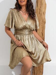 SHEIN Clasi Plus Size Women's Solid Color Simple Daily Short Sleeve Dress For New Year Holiday Party Clothes - Gold - View 6