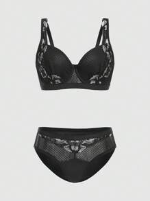 2pcs/Set Women's Lace Patchwork Underwire Bra Set - Black - View 2