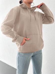 EURMUSE 100% 纯棉女式长袖口袋简约连帽衫，休闲日常穿着 - 駝色 - 查看 5