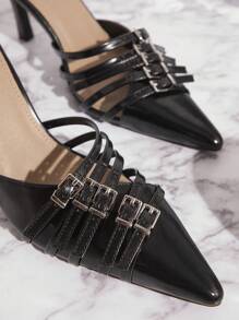SHUZIA 女士时尚日常迷人多扣装饰黑色网眼尖头高跟鞋 - 黑色 - 查看 6