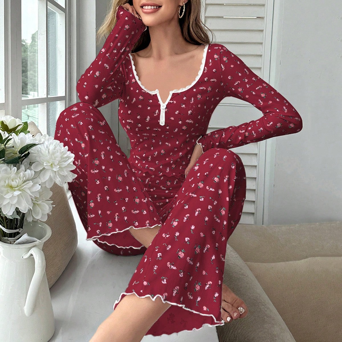 Conjunto de pijama de pantalón y blusa de manga larga con estampado floral ditsy de encaje para mujer, con detalles cómodos y elegantes, ropa de oto