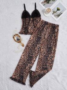 Snug Zone 2pcs Set Contrast Ruffle Trim Leopard Print Camisole And Pants Bridallingerie - White - View 3