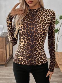 EMERY ROSE Fashion Leopard Print Slim Fit T-Shirt, Spring Autumn - Brown - View 6