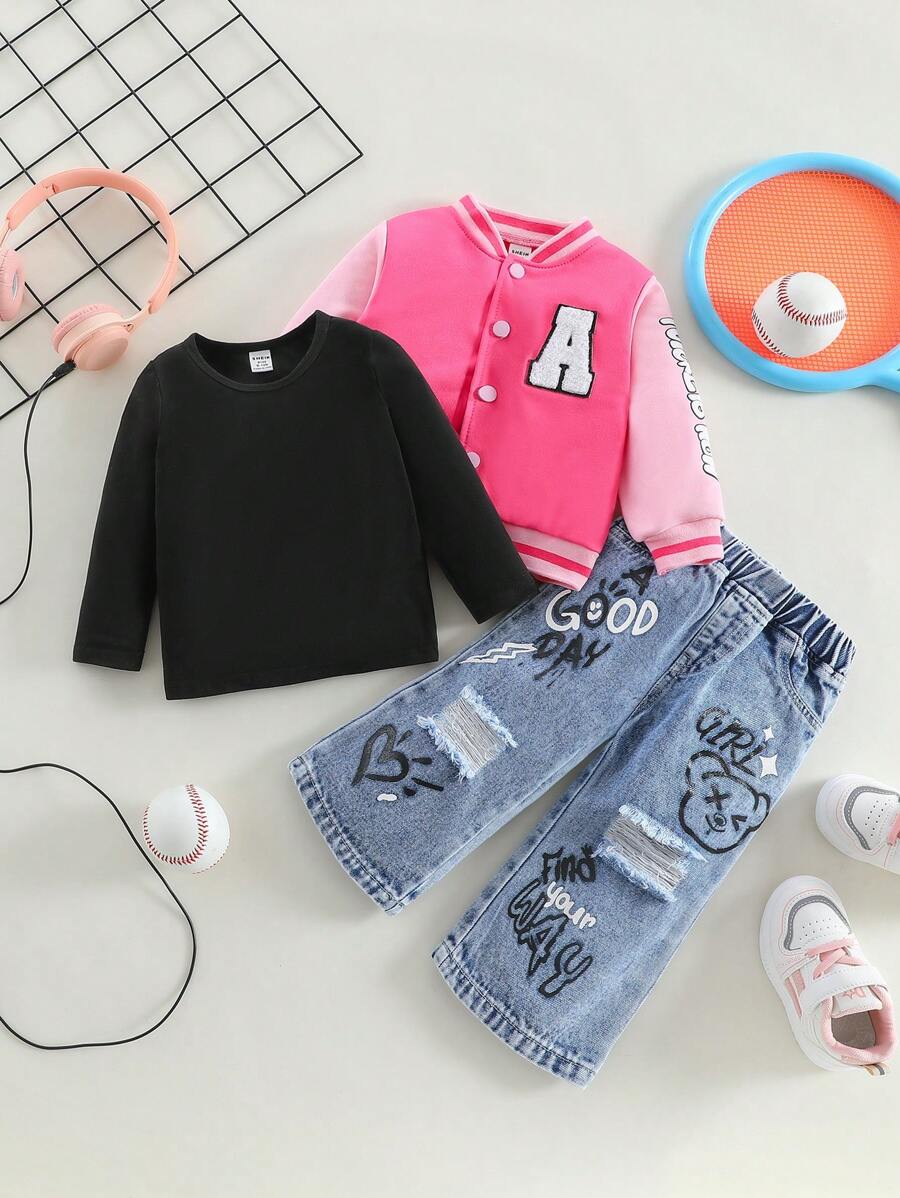 3pcs Baby Girl Ribbed Top, Printed Pants, Embroidered Bomber Jacket Outfit Set - Multicolor - View 1
